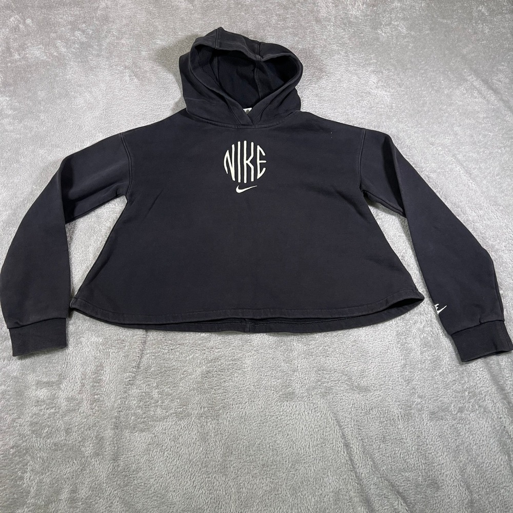 Nike NSW Sweater Girls Large Black Cropped‎ French Terry Hoodie Pullover Fleece